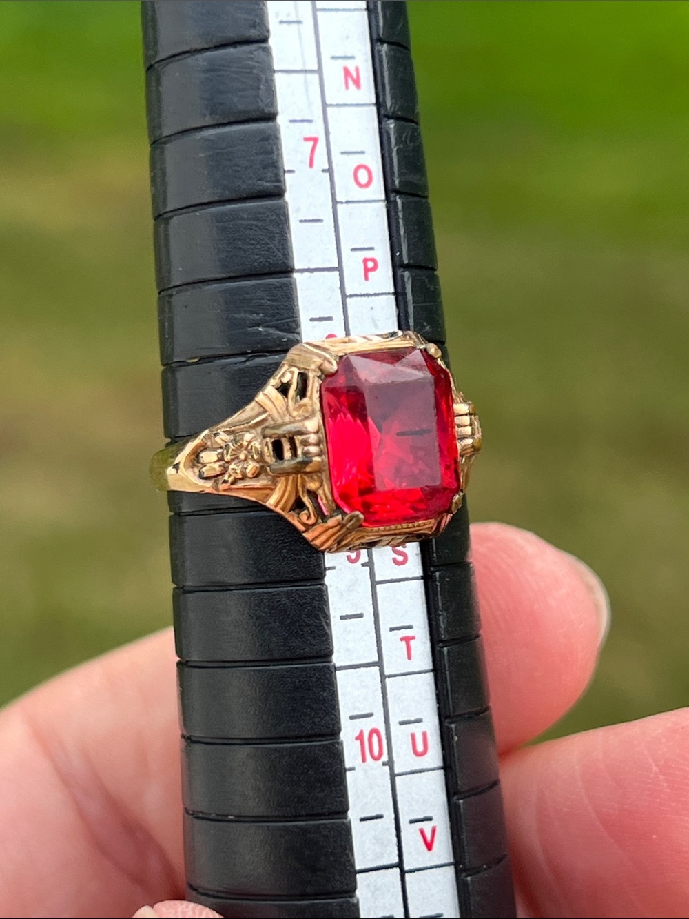 Antique Art Deco Uncas 14k Rolled Gold Plated Red Paste Faceted Glass Ring - Picture 6 of 12